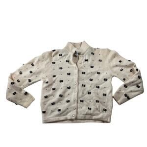 Vtg Cream Wool & Angora Rabbit Bow Applique Button Cardigan Sz L Coquette Girly
